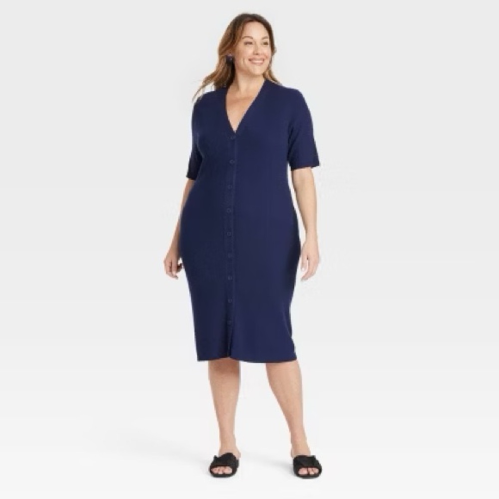 SOLD Ava & Viv NWOT Navy Blue Ribbed Knit Button Front Bodycon Dress